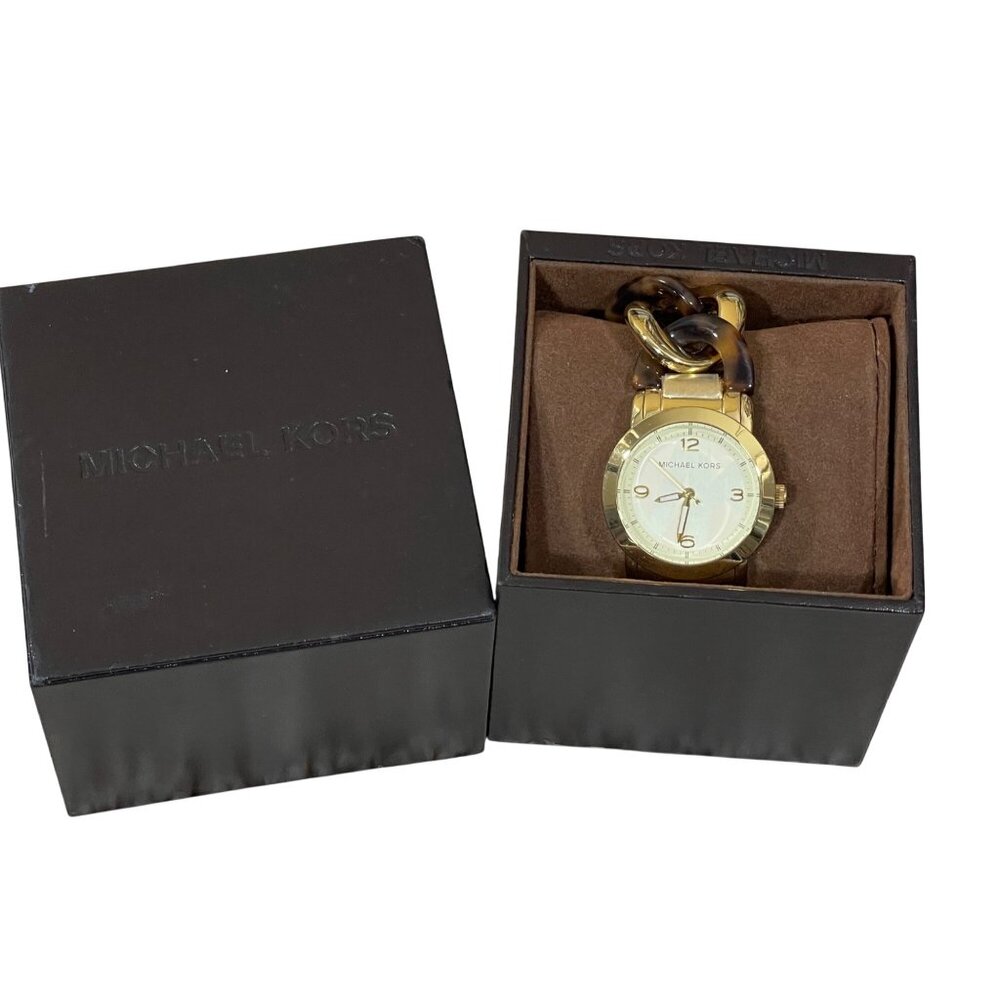 Michael Kors Watch Tortoise Gold Tone Runway Twist 7.25" (NEEDS BATTERY)